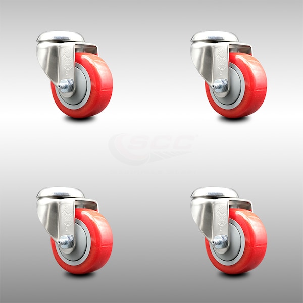 3 Inch 316SS Red Polyurethane Wheel Swivel Bolt Hole Caster Set